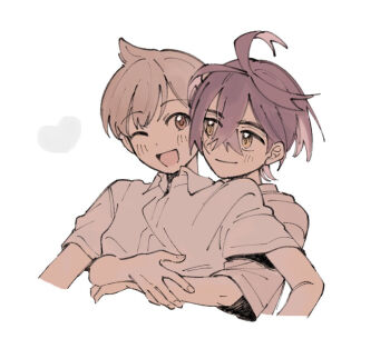 2boys :d ahoge brown_eyes check_commentary closed_mouth collared_shirt commentary_request cowlick crossed_bangs florian_(pokemon) hair_between_eyes hatemadeimym heart hug hug_from_behind kieran_(pokemon) looking_at_another male_focus multicolored_hair multiple_boys nintendo one_eye_closed open_mouth pokemon pokemon_sv shirt short_hair short_sleeves sketch smile two-tone_hair white_background yaoi yellow_eyes