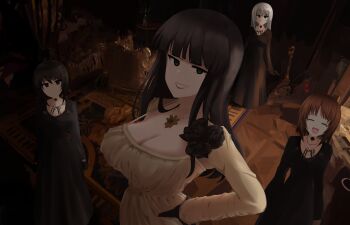 4girls absurdres aikir_(jml5160) alcina_dimitrescu alcina_dimitrescu_(cosplay) bela_dimitrescu black_dress black_hair blue_eyes breasts brooch brown_eyes brown_hair cassandra_dimitrescu cleavage cosplay crossover daniela_dimitrescu dress girls_und_panzer grin hat heart highres hood indoors itsumi_erika jewelry large_breasts long_hair looking_at_viewer mature_female mother_and_daughter multiple_girls necklace nishizumi_maho nishizumi_miho nishizumi_shiho resident_evil resident_evil_village siblings silver_hair sisters smile unworn_hat unworn_headwear white_dress