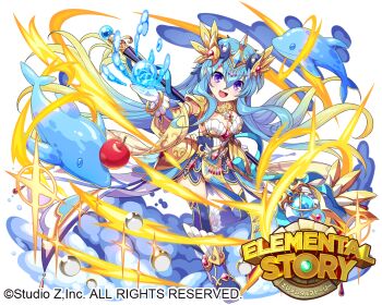 Rule 34 | 1girl, apple, blue hair, blue thighhighs, breasts, cleavage, commentary request, copyright name, copyright notice, dolphin, dress, edamame senpai, elemental story, food, fruit, full body, hair between eyes, holding, holding staff, long hair, looking at viewer, official art, open mouth, purple eyes, solo, staff, thighhighs, true ultimate aphrodite, very long hair