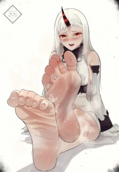 1girl artist_logo bare_shoulders barefoot blush breasts commentary commission crossed_ankles detached_sleeves dress english_commentary eyelashes feet foot_focus foreshortening full_body horns kantai_collection large_breasts legs logo long_hair long_sleeves nekoyokai open_mouth red_eyes seaport_princess short_dress sideboob simple_background single_horn sitting smell soles solo steaming_body sweat toe_scrunch toenails toes very_long_hair white_background white_dress white_hair