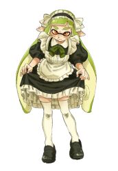 Rule 34 | 1girl, apron, black dress, black footwear, blush, bow, bowtie, closed mouth, clothes lift, commentary request, dress, dress lift, frilled hairband, frills, full body, green bow, green bowtie, green hair, hairband, inkling, inkling girl, inkling player character, korean commentary, leaning forward, long hair, maid apron, maid headdress, nintendo, orange eyes, pointy ears, salmon yeon eo, simple background, solo, splatoon (series), tentacle hair, thighhighs, unamused, v-shaped eyebrows, white background, white thighhighs