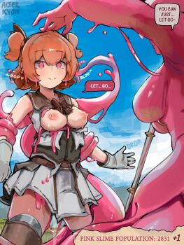 2girls alterkyon armor belt bound breasts commentary corset english_commentary gloves hair_ribbon highres mind_control monster_girl multiple_girls nipples orange_hair original pink_eyes ribbon short_hair skindentation skirt slime_(substance) slime_girl small_breasts smile tentacle_in_ear thighhighs torn_clothes watermark white_gloves white_skirt