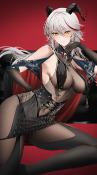 1girl absurdres aegir_(azur_lane) azur_lane backward-facing_horns bare_shoulders black_gloves black_horns black_pantyhose blush bodystocking breast_curtains breasts cleavage closed_mouth commentary covered_navel criss-cross_straps cross cross_earrings demon_horns earrings elbow_gloves english_commentary gloves gold_earrings gradient_horns hair_between_eyes halterneck hand_on_own_hip hand_up highres horns iron_cross jewelry junpaku_karen large_breasts legs looking_at_viewer multicolored_hair multicolored_horns pantyhose red_background red_streaks sideboob smile solo streaked_hair thighs yellow_eyes