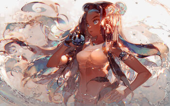 1girl aqua_eyes aqua_hair aqua_nails armlet artist_name backlighting bare_arms bare_shoulders belly_chain black_gloves black_hair blue_eyes blue_hair blue_nails bracelet breasts closed_mouth commentary copyright_name crop_top dark-skinned_female dark_skin dive_ball duplicate earrings fingernails floating_hair forehead gloves gradient_background hair_bun hair_spread_out hand_on_own_hip holding holding_poke_ball hoop_earrings jewelry kawacy long_hair multicolored_hair nail_polish navel necklace nessa_(pokemon) nintendo partially_fingerless_gloves poke_ball pokemon pokemon_swsh serious single_glove single_hair_bun sleeveless small_breasts solo sparkle stomach two-tone_hair upper_body very_long_hair water