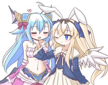 Rule 34 | 2girls, ahoge, avatar (eco), blonde hair, blue eyes, blue hair, blue shirt, blush, capelet, detached sleeves, emil chronicle online, fins, frilled skirt, frilled tube top, frills, frr (akf-hs), hair ornament, hair ribbon, hand on another's chin, head fins, heart, highres, long hair, lorelei lore, mermaid, monster girl, multiple girls, navel, neck ribbon, one eye closed, open mouth, pink skirt, pink sleeves, pink tube top, red ribbon, ribbon, shirt, side ponytail, skirt, spoken heart, strapless, tube top, two side up, white background, white capelet, white skirt, white wings, wing ornament, wings, yuri