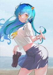 Rule 34 | 1girl, absurdres, ascot, beach, black footwear, blue hair, breasts, commentary request, cowboy shot, gradient hair, green hair, highres, holding, holding shoes, horns, itou kazuki, long hair, looking at viewer, lum, midriff, multicolored hair, navel, ocean, oni, outdoors, pleated skirt, pointy ears, sand, school uniform, see-through silhouette, shirt, shoes, signature, skirt, smile, unworn shoes, urusei yatsura, white shirt, yellow ascot, yellow eyes
