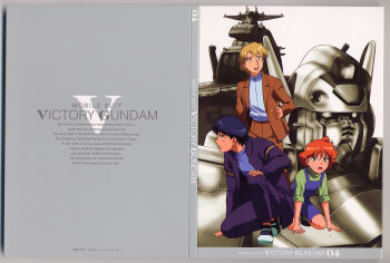 1990s_(style) 2boys absurdres artist_collaboration beam_cannon black_hair blonde_hair box_art character_request earth_federation formal_clothes gun gundam hatch highres ishigaki_jun'ya jacket kneeling machine_gun machinery mecha mobile_suit multiple_boys official_art orange_hair ousaka_hiroshi radio_antenna retro_artstyle robot scan science_fiction second_victory_gundam shorts spacecraft suit suspenders traditional_media victory_gundam weapon window