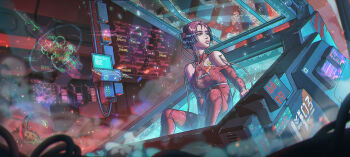 1girl aqua_eyes bare_shoulders breasts cable cardiogram cleavage cleavage_cutout clothing_cutout commentary covered_erect_nipples cryostasis_pod electrodes english_commentary frost frostyrecon highres holographic_interface holographic_keyboard in_container indoors intravenous_drip leotard long_sleeves looking_to_the_side medium_breasts monitor original parted_lips purple_hair push-button red_leotard red_thighhighs short_hair shoulder_cutout sign sitting solo steam thighhighs warning_sign