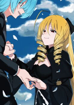 1boy 1girl ahoge artist_request ayasaki_hayate black_dress blonde_hair blue_eyes blue_hair breasts capelet cleavage day dress drill_hair hayate_no_gotoku! highres interlocked_fingers jewelry large_breasts long_hair petals red_eyes sky tennousu_athena very_long_hair