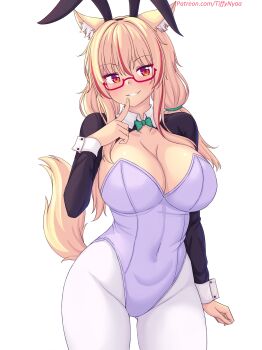 1girl animal_ear_fluff animal_ear_hairband animal_ears black_shrug blonde_hair bow bowtie breasts cat_ears cat_girl cat_tail cleavage collar commentary covered_navel cowboy_shot english_commentary fake_animal_ears finger_to_mouth green_bow green_bowtie hairband highres large_breasts leotard looking_at_viewer nottytiffy original pantyhose playboy_bunny rabbit_ears red_eyes shrug_(clothing) simple_background slit_pupils solo strapless strapless_leotard tail tiffy_(nottytiffy) watermark web_address white_background white_collar white_leotard white_pantyhose wrist_cuffs