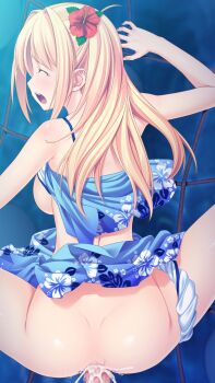 10s 1girl absurdres blonde_hair blush breasts censored closed_eyes flower game_cg hair_flower hair_ornament highres kagurazaka_namine koutaro long_hair mosaic_censoring open_mouth penis protagonist_(tropical_vacation) sex tropical_kiss tropical_vacation twinkle_(company)