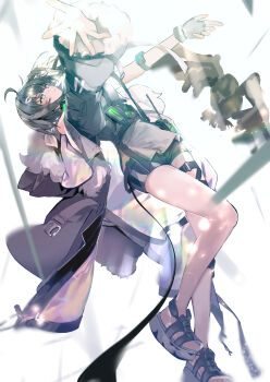 1girl absurdres ahoge arknights black_gloves black_hair black_jacket black_shorts blue_eyes commentary_request feather_hair fingerless_gloves fur-trimmed_jacket fur_trim gloves grey_shirt hair_ornament hairclip highres infection_monitor_(arknights) jacket koda24 la_pluma_(arknights) long_sleeves open_clothes open_jacket outstretched_arms platform_sandals sandals shirt short_hair shorts solo sports_sandals thigh_strap wing_hair_ornament