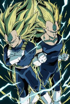 Rule 34 | 2boys, aura, blonde hair, blue sash, commentary request, dragon ball, dragon ball super, dragonball z, electricity, highres, male focus, metamoran vest, multiple boys, muscular, muscular male, onigiri debu, saiyan, saiyan armor, sash, spiked hair, super saiyan, super saiyan 3, vegeta