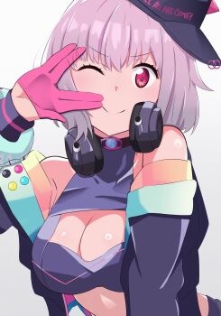 1girl bare_shoulders baseball_cap breasts cleavage gloves gridman_universe hat headphones headphones_around_neck highres large_breasts medium_hair official_alternate_costume one_eye_closed pink_gloves pink_hair red_eyes salute shee-p_(inemurisheep113) shinjou_akane sideways_hat smile solo ssss.gridman vulcan_salute