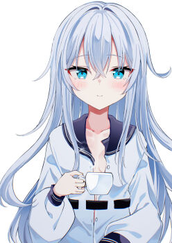 1girl black_sailor_collar blue_eyes breasts commentary cup fathom grey_hair hibiki_(kancolle) highres kantai_collection looking_at_viewer open_clothes open_shirt sailor_collar shirt simple_background small_breasts solo teacup upper_body verniy_(kancolle) white_background white_shirt