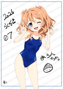 1girl blue_eyes blue_one-piece_swimsuit commentary_request competition_swimsuit double_v feet_out_of_frame hair_ribbon high_school_fleet highres morisoba0710 one-piece_swimsuit orange_hair ribbon smile solo swimsuit two_side_up v white_background yanagiwara_maron