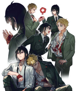 2boys adjusting_clothes adjusting_necktie bandaged_arm bandaged_chest bandaged_hand bandaged_torso bandages belt black_hair black_necktie blonde_hair blood blood_on_clothes blood_on_hands bloody_bandages blue_eyes brown_belt closed_eyes collared_shirt commentary_request cowboy_shot formal_clothes furrowed_brow green_jacket green_pants green_suit green_vest hair_between_eyes hanakan highres holding_hands injury jacket leaning_on_person looking_at_hand loose_necktie male_focus military_jacket military_uniform multiple_boys multiple_views necktie open_clothes open_vest pants parted_lips red_eyes red_necktie shirt shirt_tug short_hair shouting sigh sitting spy_x_family suit suit_jacket sweatdrop twilight_(spy_x_family) vest waistcoat white_background white_shirt yuri_briar
