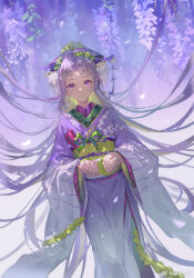 Rule 34 | 1girl, character request, check character, check copyright, chinese commentary, closed mouth, commentary request, copyright request, cupping hands, feet out of frame, floating hair, flower, fujihime (onmyoji), green ribbon, green sash, hair intakes, hair ornament, hairpin, highres, japanese clothes, jewelry, kimono, layered sleeves, leaf, long hair, long sleeves, looking at viewer, obi, onmyoji, own hands together, purple eyes, purple flower, purple hair, purple kimono, ribbon, ring, sash, smile, solo, standing, ting zi bbb, very long hair, watermark, weibo logo, wide sleeves