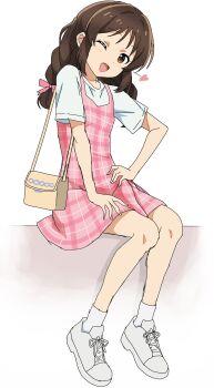 1girl bag braid brown_eyes brown_hair checkered_clothes checkered_dress commentary dot_nose dress flat_chest full_body hand_on_own_hip head_tilt heart highres idolmaster idolmaster_cinderella_girls idolmaster_cinderella_girls_u149 legs light_blush long_hair looking_at_viewer one_eye_closed open_mouth pink_dress pink_lips riokasen shirt shoes short_sleeves shoulder_bag sidelocks sitting smile sneakers socks solo tachibana_arisu white_background white_shirt white_shoes white_socks yellow_bag