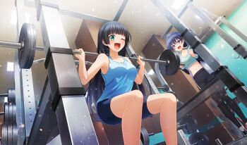 2girls :d ;d barbell bike_shorts black_hair black_pants black_shorts blue_hair blue_tank_top blunt_bangs blush cinderella_series clenched_hands collarbone crossover dumbbell_nan_kilo_moteru? dutch_angle exercising film_grain from_below game_cg green_eyes hachigatsu_no_cinderella_nine highres indoors jacket kondou_saki lens_flare light_particles long_hair long_sleeves looking_at_viewer multicolored_jacket multiple_girls navel non-web_source official_alternate_hairstyle official_art one_eye_closed open_clothes open_jacket open_mouth pants purple_eyes shoes shorts smile sneakers souryuuin_akemi sparkle sweat tank_top track_pants two-tone_jacket weightlifting