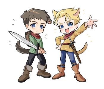 Rule 34 | 2boys, :<, animal ears, animification, arm up, belt, black pants, blue eyes, blue pants, boots, brown boots, cat boy, cat ears, commentary, dog boy, dog ears, fang, full body, green shirt, hand on own hip, hans capon, henry of skalitz, highres, kemonomimi mode, kingdom come: deliverance ii, male focus, multiple boys, open mouth, outstretched arm, pants, red scarf, scarf, shield, shield on back, shirt, standing, tunic, untranslatable commentary, white background, yacht king