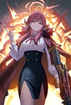 1girl aru_(blue_archive) blue_archive breasts coat coat_on_shoulders explosion gloves gun high-waist_skirt highres horns large_breasts long_hair narrow_waist necktie problem_solver_68_(blue_archive) red_coat red_hair rifle shirt sion_(9117) skirt sniper_rifle thighs weapon white_gloves yellow_eyes