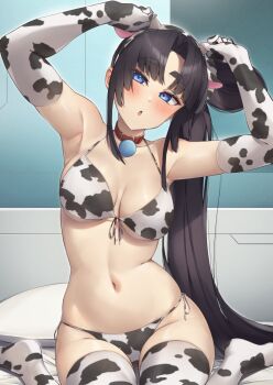 1girl alternate_breast_size_(larger) alternate_costume animal_ears animal_print armpits bell bikini black_hair blue_eyes blush breasts collar commentary_request cow_ears cow_print cow_print_bikini elbow_gloves fate/grand_order fate_(series) gloves highres large_breasts long_hair looking_at_viewer navel neck_bell on_bed pinta_(ayashii_bochi) ponytail print_bikini side-tie_bikini_bottom sitting skindentation solo stomach sweatdrop swimsuit thick_eyebrows thick_thighs thighhighs thighs ushiwakamaru_(fate) very_long_hair wariza
