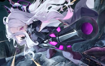 1girl ahoge aiming battle black_boots black_coat black_halo black_jacket blue_archive boots buttons coat coat_on_shoulders collared_jacket demon_horns diu1 feet_out_of_frame fur-trimmed_coat fur_trim glint gold_buttons gold_trim gun hair_behind_ear hair_over_one_eye halo high_ponytail highres hina_(blue_archive) holding holding_gun holding_weapon horns jacket knee_boots long_hair long_sleeves machine_gun mg42 multicolored_coat night outdoors parted_bangs ponytail projectile_trail purple_eyes rifling slit_pupils solo squatting very_long_hair wavy_hair weapon white_coat white_hair