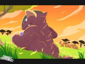 absurdres animal_focus beak bird claws closed_mouth doduo fang gen_1_pokemon grass highres horns kangaskhan multiple_heads nintendo no_humans orange_sky outdoors pokemon pokemon_(creature) pokemon_focus red_eyes safari_zone sakanagi_(a_r_co) sky smile tail tree