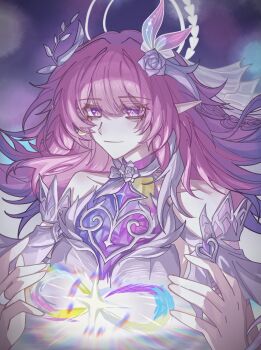 1girl amphoreus_(honkai:_star_rail) bare_shoulders breasts bridal_veil chinese_commentary commentary_request cyrene_(honkai:_star_rail) cyrene_(ripples_of_past_reverie)_(honkai:_star_rail) diamond-shaped_pupils diamond_(shape) dress flower hair_flower hair_ornament halo highres honkai:_star_rail honkai_(series) large_breasts long_hair mihayounigaisia52268 mobius_strip pink_hair purple_eyes smile solo symbol-shaped_pupils veil very_long_hair white_dress