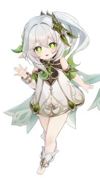 Rule 34 | 1girl, absurdres, bare shoulders, blush, bracelet, commentary, detached sleeves, dress, full body, genshin impact, gold trim, gradient hair, green eyes, green hair, green sleeves, hair between eyes, hair ornament, hand up, highres, iroha (mimi0618xx), jewelry, leaf hair ornament, long hair, looking at viewer, multicolored hair, nahida (genshin impact), parted lips, pointy ears, side ponytail, simple background, sleeveless, sleeveless dress, solo, star-shaped pupils, star (symbol), stirrup legwear, symbol-shaped pupils, toeless legwear, toes, white background, white dress, white hair