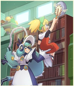 Rule 34 | 2026, 2girls, absurdres, apron, black dress, blonde hair, blush stickers, bookshelf, bow, capcom, carrying, carrying person, cleaning brush, clenched hand, commentary, dress, english commentary, female focus, green bow, green eyes, green hair, highres, hood, hood down, indoors, juno son, maid, maid apron, maid headdress, mega man: dual override, mega man (classic), mega man (series), multiple girls, original, red dress, red shoes, robot, roll (mega man), shoes, vacuum cleaner, wide sleeves