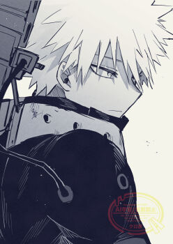 1boy bakugou_katsuki boku_no_hero_academia closed_mouth commentary_request frown greyscale highres long_sleeves male_focus monochrome portrait profile short_hair simple_background solo spiked_hair subgenjin1600 superhero_costume upper_body watermark white_background