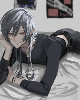 1boy black_shirt closed_mouth ear_piercing face_piercing grey_eyes grey_hair hair_between_eyes head_rest highres lip_piercing long_hair long_sleeves looking_at_viewer lying midriff_peek mizooti_0 on_bed on_stomach original piercing poster_(object) shirt smile solo