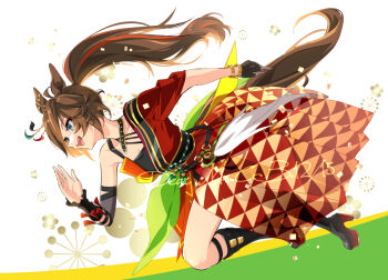 Rule 34 | 1girl, ahoge, animal ears, bare shoulders, black boots, black hair, blue eyes, boots, breasts, brown hair, dress, gloves, hair between eyes, high heel boots, high heels, horse ears, horse girl, horse tail, long hair, mr. c.b. (dazzling kabuki flower) (umamusume), mr. c.b. (umamusume), official alternate costume, official alternate hairstyle, open mouth, ponytail, red dress, red nails, single bare shoulder, single glove, single sleeve, smile, solo, tail, taromarun, teeth, thigh strap, umamusume, upper teeth only