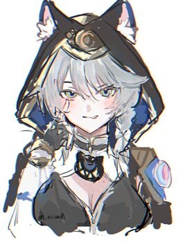 1girl animal_ear_fluff animal_ears armor artist_name black_bodysuit black_choker black_gloves blue_eyes blush bodysuit bow braid breasts cat_ears cat_girl cat_ornament choker chromatic_aberration cipher_(honkai:_star_rail) closed_mouth fingerless_gloves gloves gold_trim grey_hair hair_between_eyes hair_bow hand_up honkai:_star_rail honkai_(series) hood hooded_bodysuit i_ruka82 index_finger_raised long_sleeves looking_at_viewer medium_breasts multicolored_hair short_hair shoulder_armor simple_background single_braid single_sidelock smile solo streaked_hair tongue tongue_out upper_body v-shaped_eyebrows white_background white_bow white_hair
