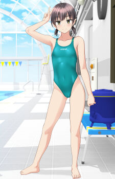 1girl absurdres barefoot breasts brown_hair chair clothes_writing collarbone commentary_request competition_swimsuit covered_navel full_body green_eyes green_one-piece_swimsuit highleg highleg_one-piece_swimsuit highres indoors lifeguard_chair looking_at_viewer low_twintails one-piece_swimsuit original pool_ladder poolside short_hair small_breasts smile solo standing string_of_flags swimsuit takafumi twintails v variant_set