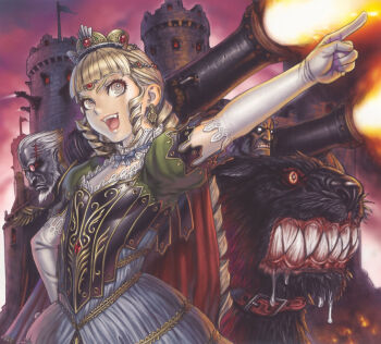 Rule 34 | 1girl, absurdres, alternate hairstyle, armored warriors, bad id, bad pixiv id, beard, blonde hair, cannon, capcom, cape, castle, crown, cyberbots, devilot de deathsatan ix, dress, drill hair, earrings, elbow gloves, facial hair, fangs, female focus, firing, glasses, gloves, grey eyes, hat, highres, jewelry, leash, monster, mustache, open mouth, saliva, scar, sharp teeth, solo, teeth, tsukasa jun