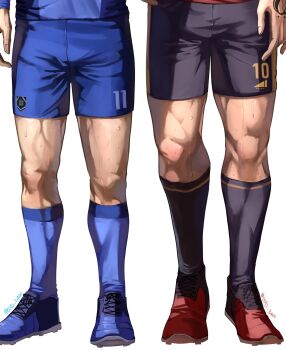 2boys blue_lock blue_shorts commentary_request fingernails grey_background hand_tattoo height_difference highres isagi_yoichi kneehighs leg_focus lower_body male_focus michael_kaiser multiple_boys muscular_legs shorts simple_background soccer_uniform socks sportswear sweat tattoo thighs twitter_username very_sweaty yofu_(0042_2400)