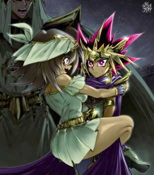 1girl 2boys armlet armor artist_name atem bare_shoulders belt black_hair blonde_hair blue_eyes breasts cape dark-skinned_female dark-skinned_male dark_skin derivative_work dress eye_of_horus forehead_protector head_out_of_frame highres hug jewelry leg_lock long_hair mahado mana_(yu-gi-oh!) millennium_puzzle millennium_ring multicolored_hair multiple_boys night open_mouth outdoors purple_cape purple_eyes purple_hair scene_reference screenshot_redraw shoes shoulder_armor spiked_hair star_(sky) sweat the_golden_smurf wristband yu-gi-oh! yu-gi-oh!_duel_monsters