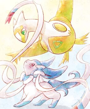 Rule 34 | :o, alternate color, animal focus, animal hands, blue fur, blush, bow, claws, closed mouth, dragon, flying, full body, gen 3 pokemon, gen 6 pokemon, green eyes, highres, latias, legendary pokemon, looking at another, nintendo, no humans, open mouth, pink eyes, pokemon, pokemon (creature), pokemon focus, remedy matome, ribbon, shiny pokemon, simple background, standing, sylveon, two-tone fur, white fur, yellow background