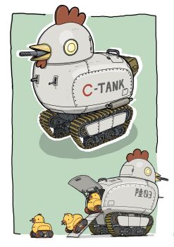 animal-themed_vehicle baby_animal bilingual_commentary bird cannon caterpillar_tracks chick chicken commentary english_commentary gatling_santouhei hatch highres military_vehicle mixed-language_commentary motor_vehicle multiple_views no_humans original tank tank_turret vehicle_focus