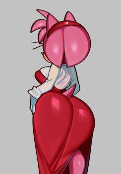 1girl amy_rose animal_ears animal_nose ass breasts dress fiinel fiinelrush from_behind furry furry_female hairband highres pink_fur pink_hair red_dress red_hairband sonic_(series) sonic_x tail tight_clothes tight_dress