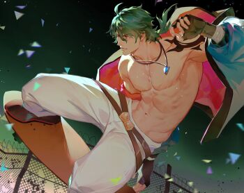 1boy ahoge barbed_wire bare_pectorals belt black_gloves brown_eyes chain-link_fence fence fingerless_gloves gloves green_hair hair_between_eyes jacket jewelry joe_(sk8) jumping long_hair male_focus muscular muscular_male navel ncww_rinichi necklace open_clothes open_jacket outdoors pants pectorals ponytail shoulder_tattoo sk8_the_infinity skateboard solo tattoo white_pants