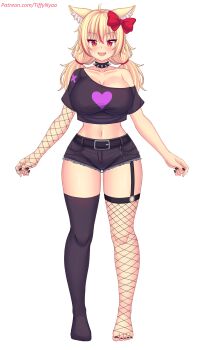 1girl ahoge animal_ears asymmetrical_legwear belt black_belt black_gloves black_nails black_shirt black_shorts black_thighhighs blonde_hair blush bow breasts cat_ears cat_girl choker cleavage collarbone fangs fishnet_gloves fishnet_thighhighs fishnets gloves hair_bow heart heart_print highres indie_virtual_youtuber large_breasts long_hair looking_at_viewer low_twintails midriff mismatched_legwear multicolored_hair navel nottytiffy off-shoulder_shirt off_shoulder open_mouth original print_shirt red_bow red_eyes red_hair shirt short_sleeves shorts single_glove slit_pupils smile spiked_choker spikes standing streaked_hair thighhighs tiffy_(nottytiffy) twintails virtual_youtuber white_background