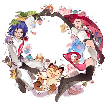 1boy 1girl absurdres amoonguss arbok black_boots black_gloves blue_eyes blue_hair boots cacnea carnivine chansey chimecho circle_formation commentary_request crop_top cropped_shirt dustox earrings fangs fei_yu flower flower_in_mouth frillish frillish_(female) gen_1_pokemon gen_2_pokemon gen_3_pokemon gen_4_pokemon gen_5_pokemon gen_6_pokemon gen_7_pokemon gen_8_pokemon gloves gourgeist grabbing_another's_leg green_eyes growlithe hand_grab highres inkay james_(pokemon) jessie_(pokemon) jewelry koffing letter_print lickitung long_hair looking_at_another magikarp mareanie meowth midriff mime_jr. mimikyu miniskirt morpeko morpeko_(full) navel nintendo open_mouth pencil_skirt pokemon pokemon_(anime) pokemon_(creature) print_shirt red_flower red_hair red_rose rose seviper shirt short_hair signature simple_background skirt smile sparkle stomach team_rocket team_rocket_uniform thigh_boots very_long_hair victreebel white_background white_shirt white_skirt wobbuffet woobat yamask yanmega