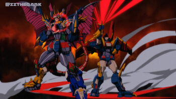 1980s_(style) 1990s_(style) alternate_form animification arm_blade armor bird_wings city claws clenched_hands commentary crossover daizyuzin dancouga_(series) dancouga_nova dancouga_nova_max_god destruction dino_megazord dinosaur fighting_stance glowing glowing_eyes glowing_sword glowing_weapon highres holding holding_sword holding_weapon horns juusou_kikou_dancouga_nova looking_at_viewer machine mask mecha mega-gravezord mighty_morphin_power_rangers no_humans oldschool oobari_masami_(style) power_rangers power_rangers_(boom!_studios) red_eyes retro_artstyle robot ruins science_fiction signature size_difference smoke spikes super_robot sword tail tokusatsu twitter_username weapon wings yellow_eyes zakman-wahid