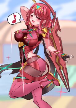 1girl absurdres aegis_sword_(xenoblade) armor ass backless_outfit black_gloves blush bob_cut breasts chest_jewel core_crystal_(xenoblade) earrings eighth_note fingerless_gloves floating_earrings gloves half-closed_eyes highres impossible_clothes jewelry large_breasts musical_note nintendo otama_(otama_ladle23) pantyhose pantyhose_under_shorts pyra_(xenoblade) red_eyes red_hair red_shorts red_thighhighs short_hair short_sleeves shorts shoulder_armor smile solo spoken_musical_note super_smash_bros. suspenders swept_bangs thighhighs thighhighs_over_pantyhose tiara weapon xenoblade_chronicles_(series) xenoblade_chronicles_2