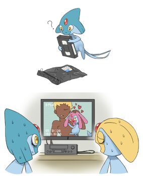 ? azelf blonde_hair blush cheating_(relationship) faceless faceless_male forehead_jewel full_body gen_4_pokemon heart interspecies legendary_pokemon mesprit netorare nintendo open_mouth pokemon pokemon_(creature) pokephilia simple_background size_difference smile standing sweat sweatdrop television timestamp tosx uxie vhs videocassette watching_television white_background wide-eyed yellow_eyes