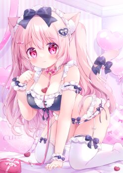 1girl :3 animal_ears balloon bell black_ribbon bra breasts cat_ears cat_girl chiika_(cure_cherish) closed_mouth commentary_request english_text frilled_bra frilled_panties frills hair_ribbon heart_balloon indoors kneeling lingerie long_hair maid_headdress medium_breasts navel neck_bell neck_ribbon original panties pink_eyes pink_hair pink_ribbon pink_theme ribbon solo thighhighs two_side_up underwear white_thighhighs wrist_cuffs
